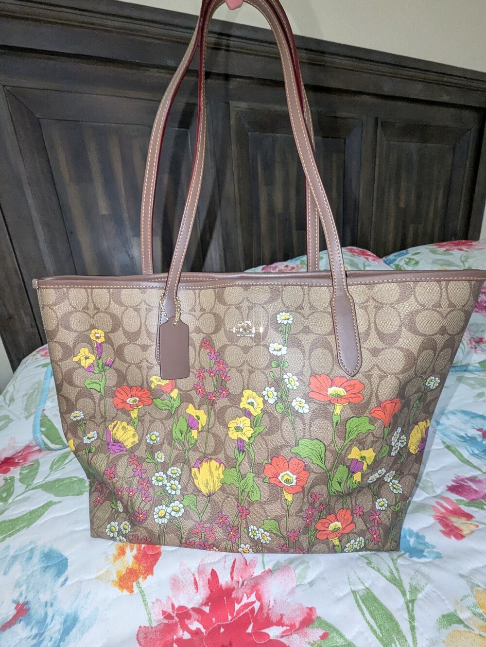 Coach Brown Signature Floral Tote with Multicolor Blooms
